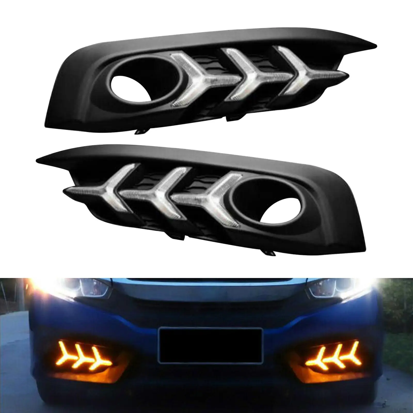 

2x Drl LED Daytime Running Light 3 Light Color LH Rh Fog Lamps Fits for Honda Civic 2016 2017 2018 with Turn Signal Drl Fog Lamp