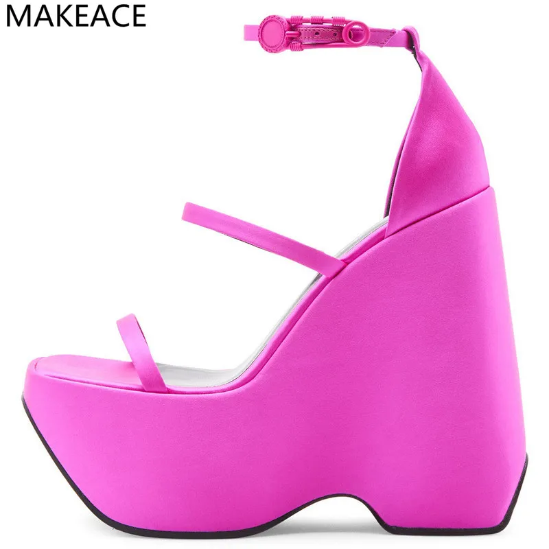 

Summer New Sexy Super High Heel Women Sandals Satin Narrow Band Thick Wedge Heel Women Shoes High Heel Square Toe Sandals 2022