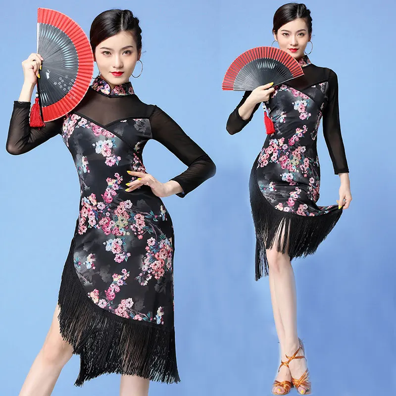 

Платье для латиноамериканских танцев с длинным рукавом, женское платье для бальных танцев, Черное женское платье с бахромой и цветами для танго, румбы, фламенко