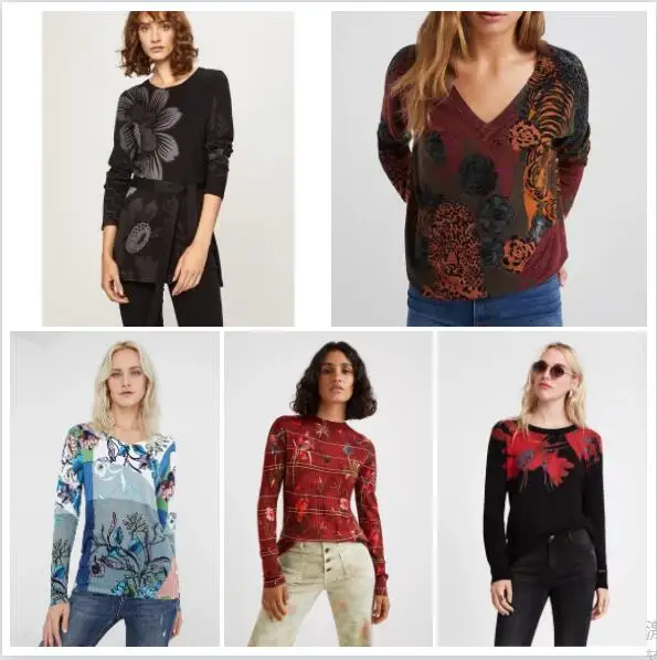 

Международная торговля испанская Desigual Женская трикотажная одежда из чистого хлопка с круглым вырезом с принтом вышитый высокоэластичный пуловер свитер