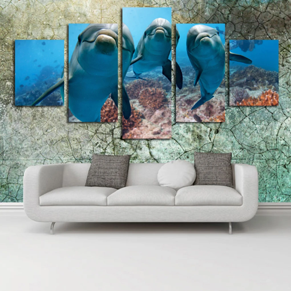

5 панелей подводный Дельфин масляный рисунок гостиная Настенный декор художественная роспись без рамы красочные фотографии