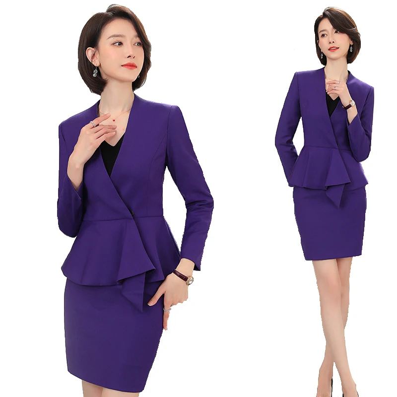 

Formal Uniform Designs Skirt Suit for Women Business Work Wear Elegant Purple Ladies Office Work Wear Long Sleeve OL Blazers Set