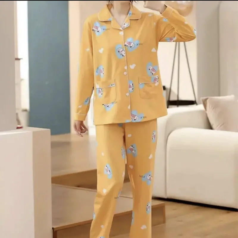 1 Pajama Woman 2023 Spring/Summer 2023 Big Lapel Milk Carton Print, Cardigan Pajama Two Piece Set Loose Loungewear Long Style