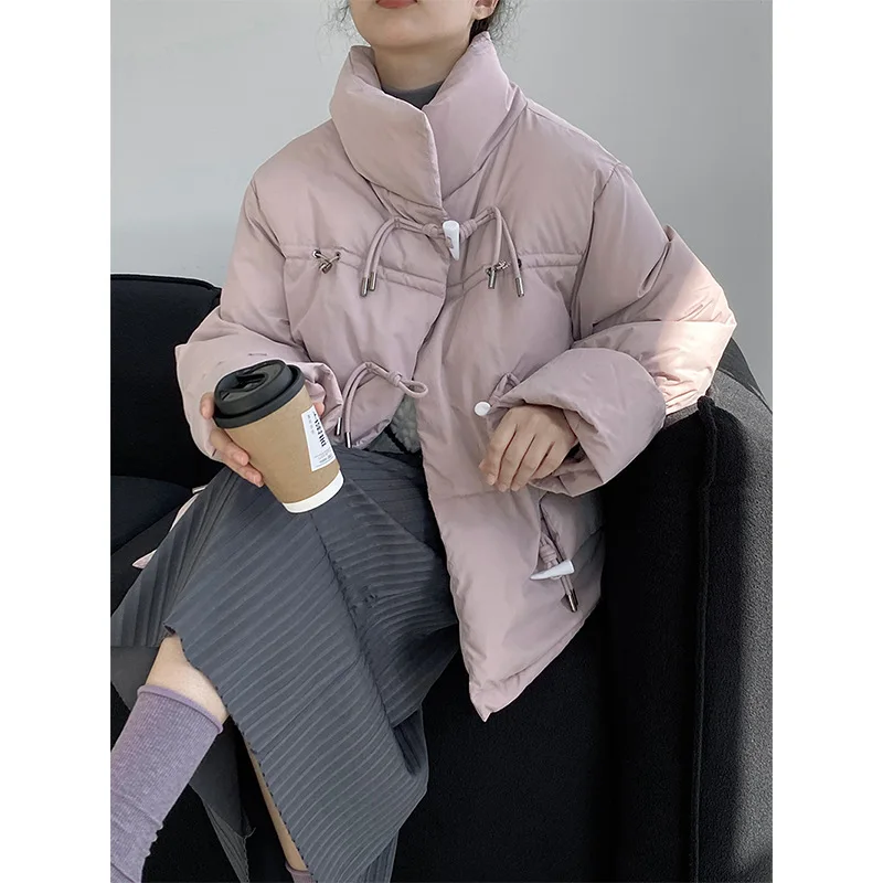 White Duck Down Cow Horn Button Down Coat Women's Winter Thickened Stand Collar Cotton Jacket