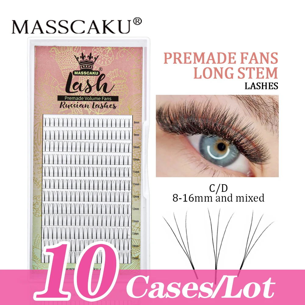 

10cases/lot MASSCAKU Individual Lashes Premade Volume Fans Long Stem Russian Volume Faux Mink Eyelash Extension Makeup Tools