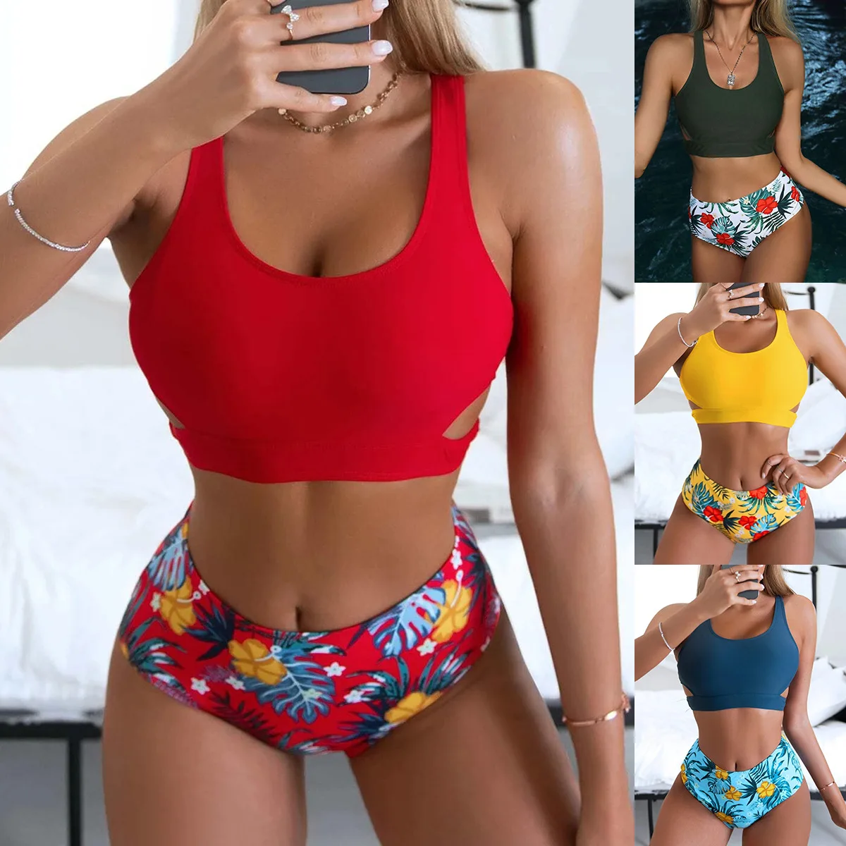

Triangle High Waist Solid Color Printed Split Banana Leaf Beach Clothes 2022 Women's Swimsuit for Women Abdomen Control Curvy