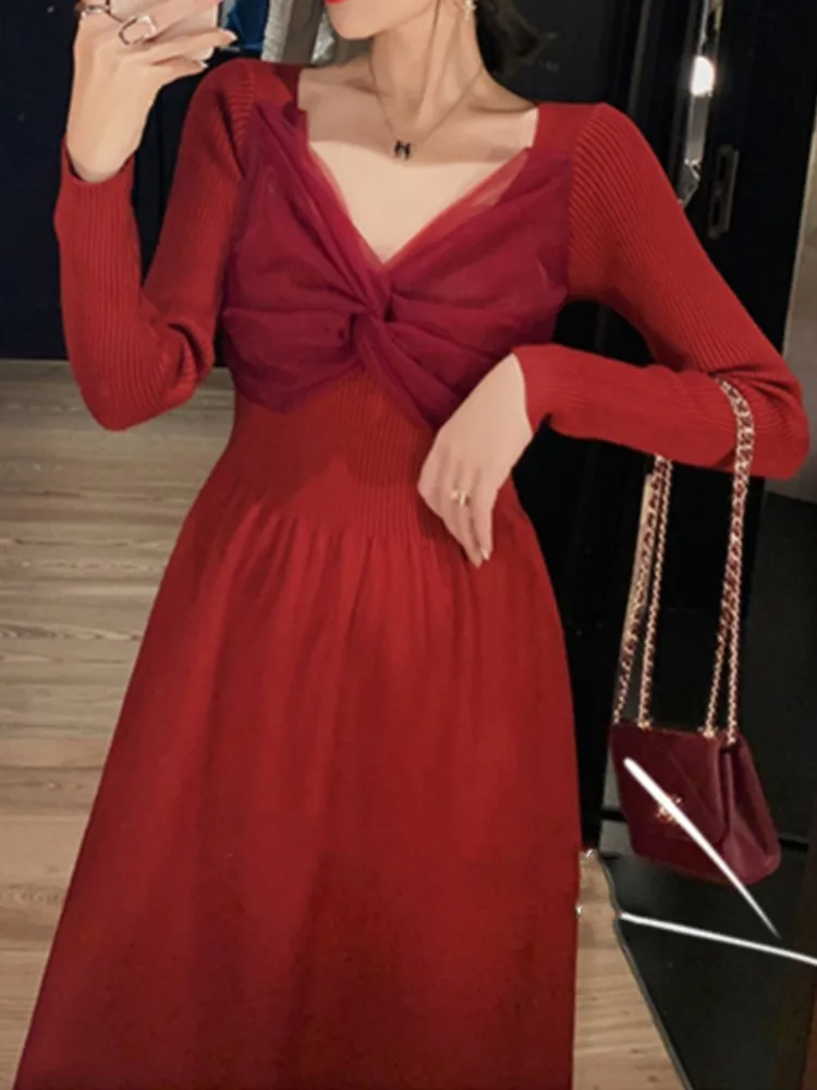 Women Vintage Knitted Red Dress Long Sleeve A-Line Fashion Party Vestidos Female Slim Elegant Autumn Winter Robe Christmas New