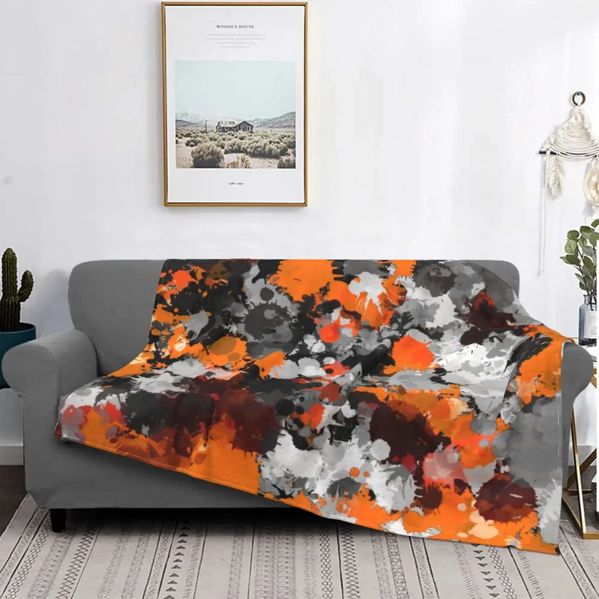 

Orange And Grey Paint Splatter Blanket Velvet Printed Camo Multi-function Warm Throw Blanket for Home Outdoor Rug Piece