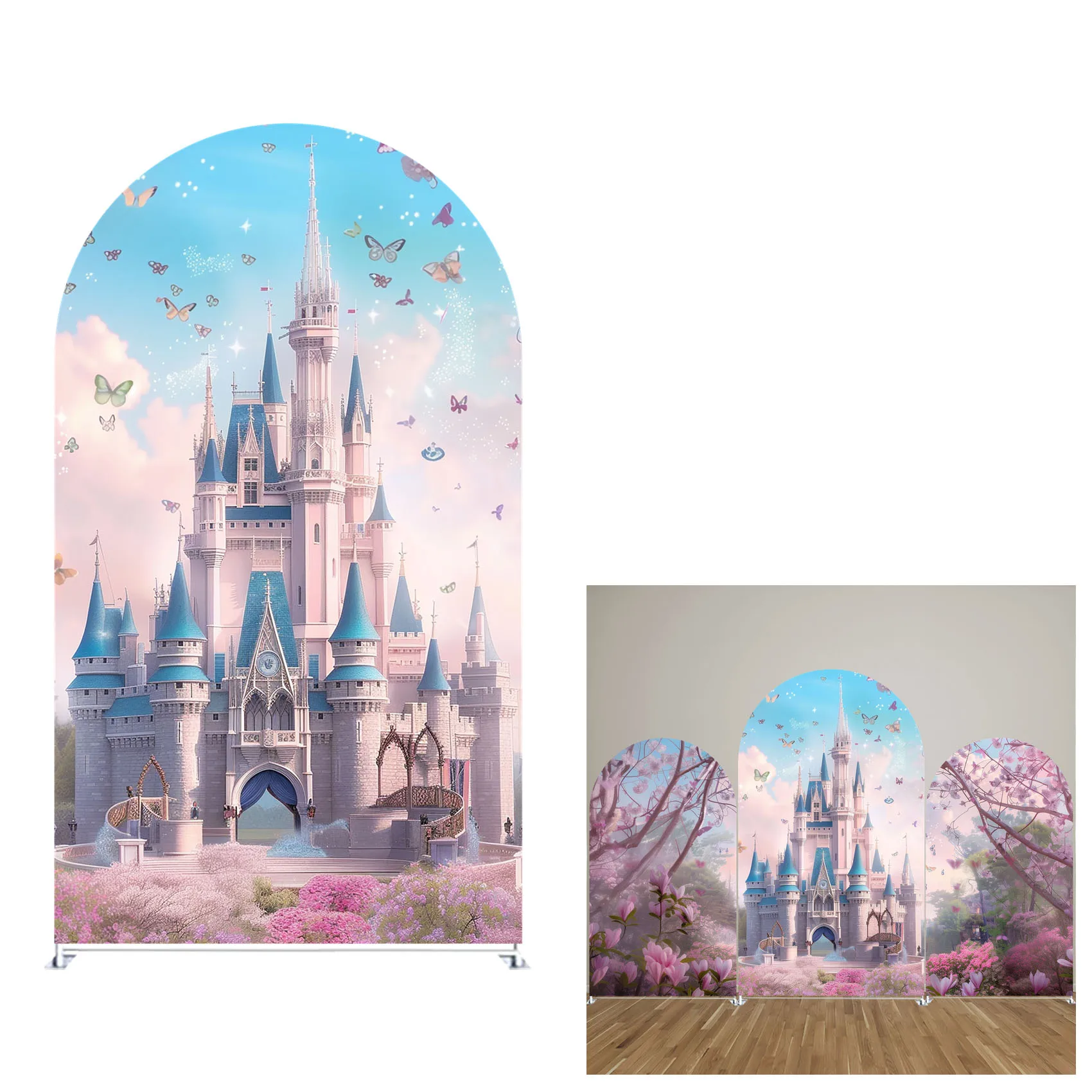 Задний фон в виде замка с арочной вишневой обложкой