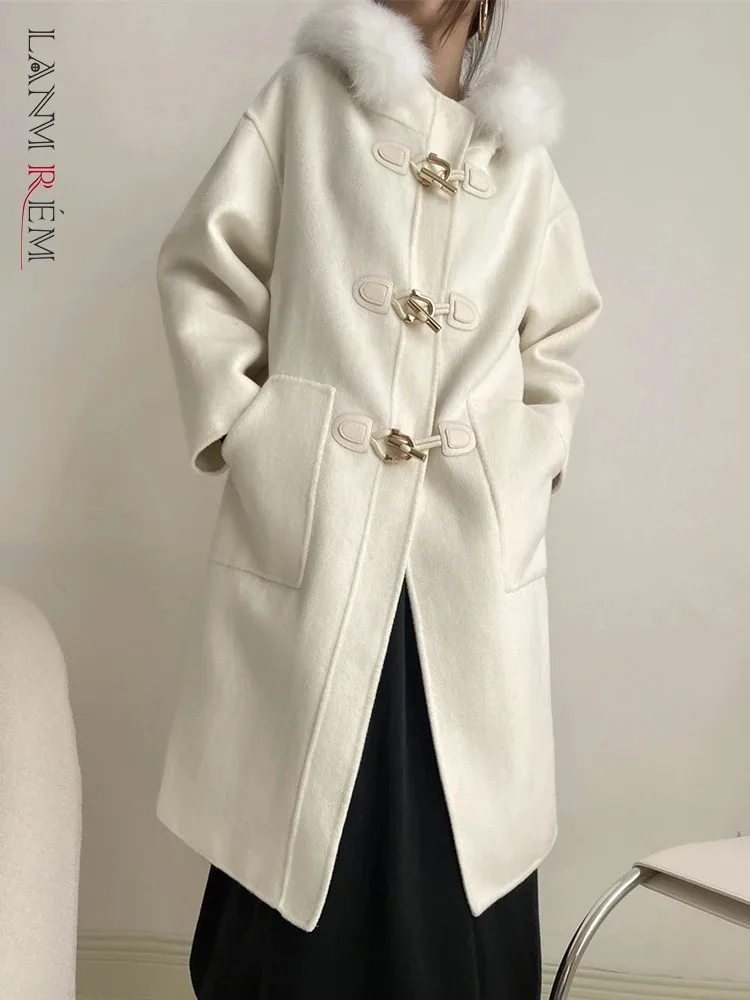 

[LANMREM] Faux Fur Hooded Design 100% Wool Coats For Women Solid Single Breasted Thick Warm Outwear 2023 Winter New 26D7511