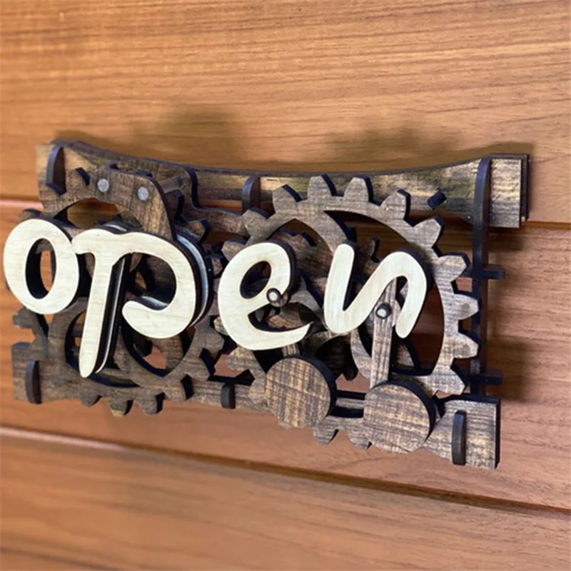 

Creative Wooden Open-Closed Sign Front Door Sign Entrance Hanging Accessories Turnning Gear Office Garden Decor Home Supplies