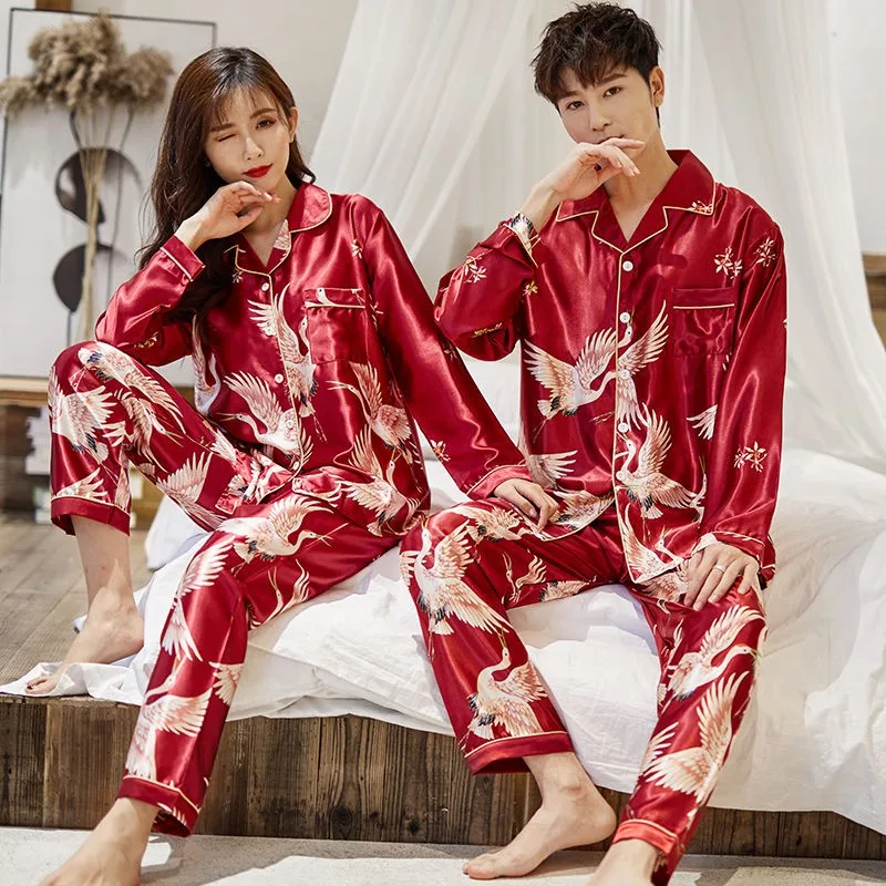 

OVERSIZE Couples Print Pajamas Suit Shirt&Pants Silky 2PCS Sleep Set Kimono Bathrobe Gown Casual Bridal Wedding Gift Nightwe