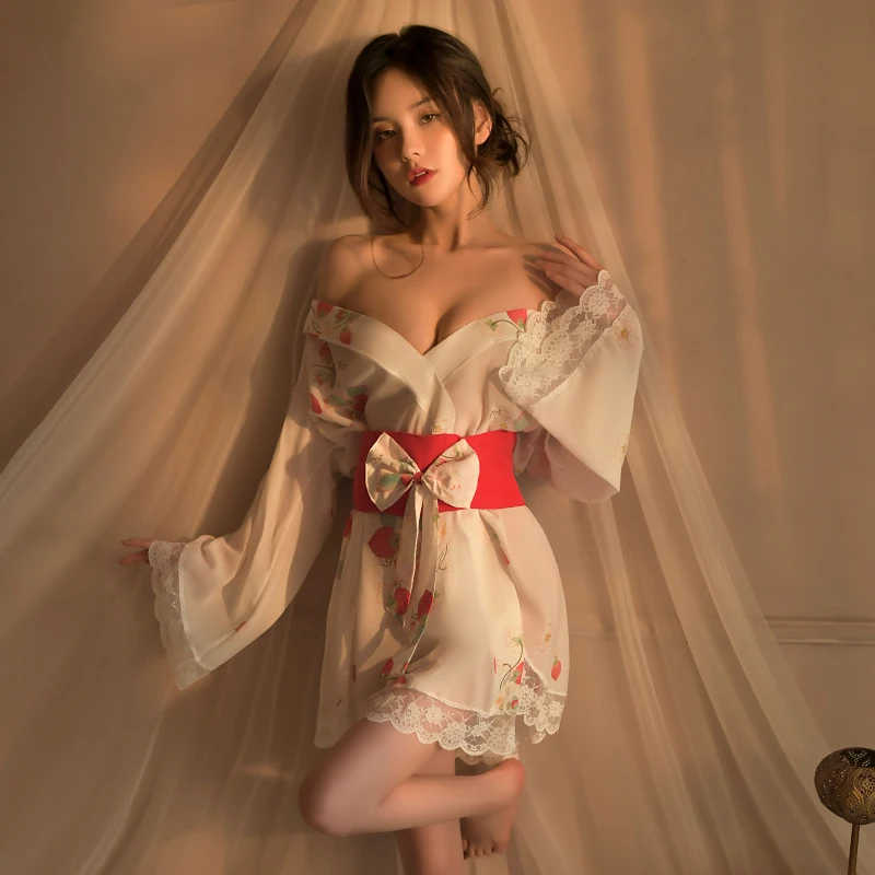 Sexy Bathrobe Women Sleepwear Kawaii Lingerie Transparent Kimono Pajamas Passion Seduction Bridal Robe Uniform Lace Night Dress