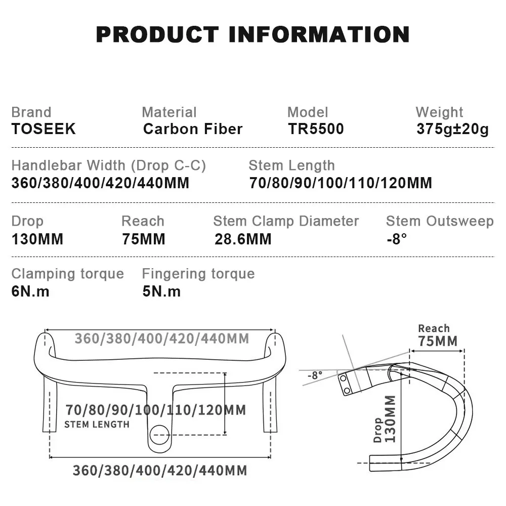 TOSEEK TR5500 Road Bike Full Carbon Fiber Stem Integrated Bicycle Handlebar Ultra Light 28.6mm Cycling Parts Accessories