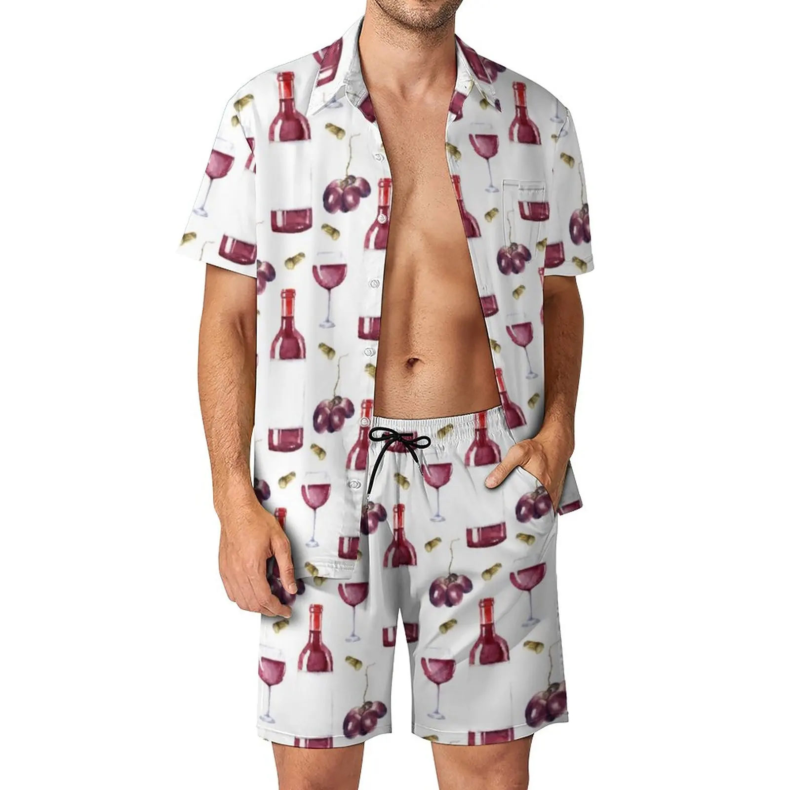 

Wine Lover Men Sets Red Wine Pattern Casual Shorts Summer Fashion Beach Shirt Set Short Sleeve Custom Big Size Suit Gift