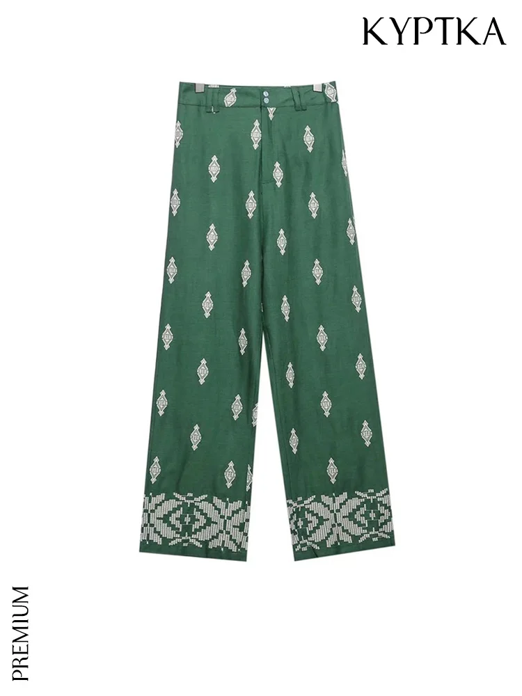 

KYPTKA Women Fashion Contrast Embroidery Linen Wide Leg Pants Vintage High Waist Zipper Fly Female Ankle Trousers Mujer