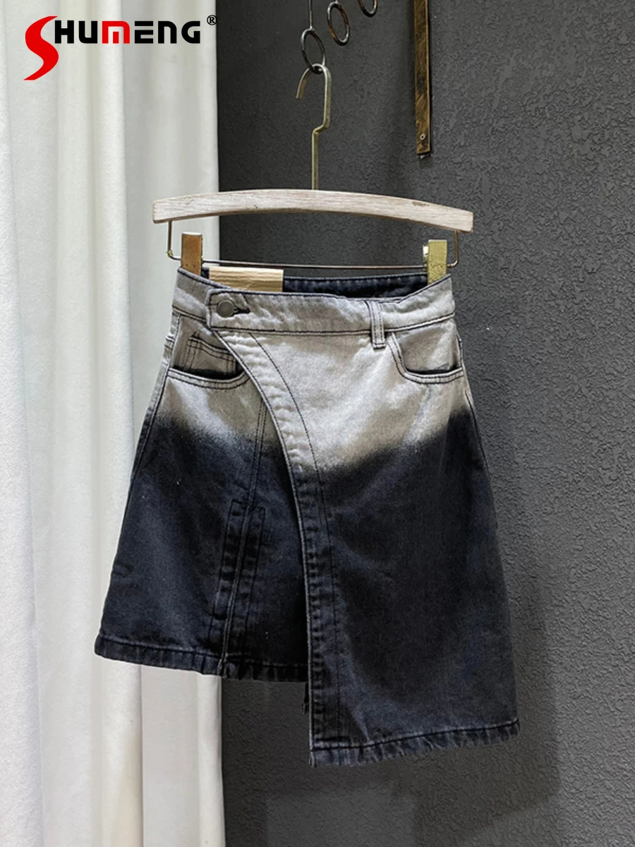 

Contrast Color Tie-Dyed Irregular Denim Skirt Female High Waist Slimming A- Line Mini Skirt Women 2022 Summer New Faldas Mujer