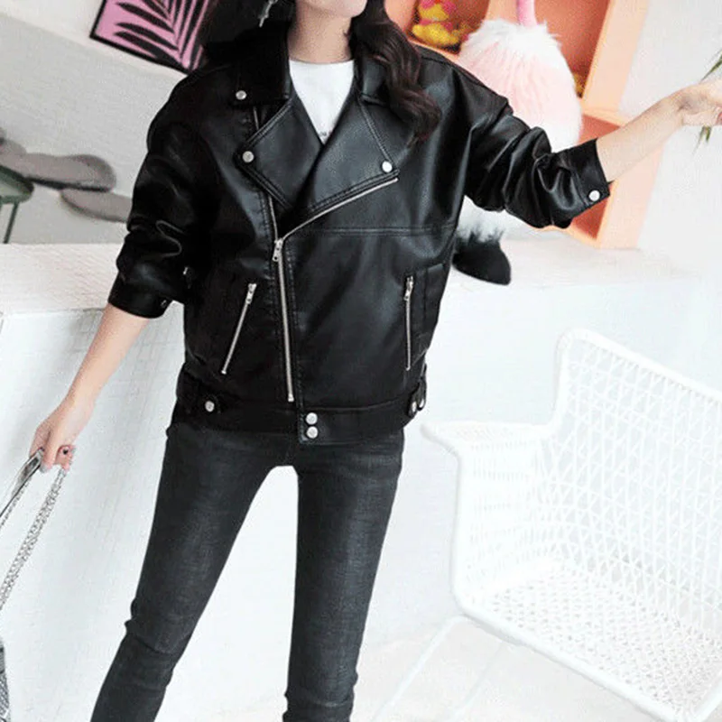 New Spring Autumn Faux Leather Jacket Women Casual PU Loose Motorcycle Jackets Female Streetwear Oversized Coat Korean Chic