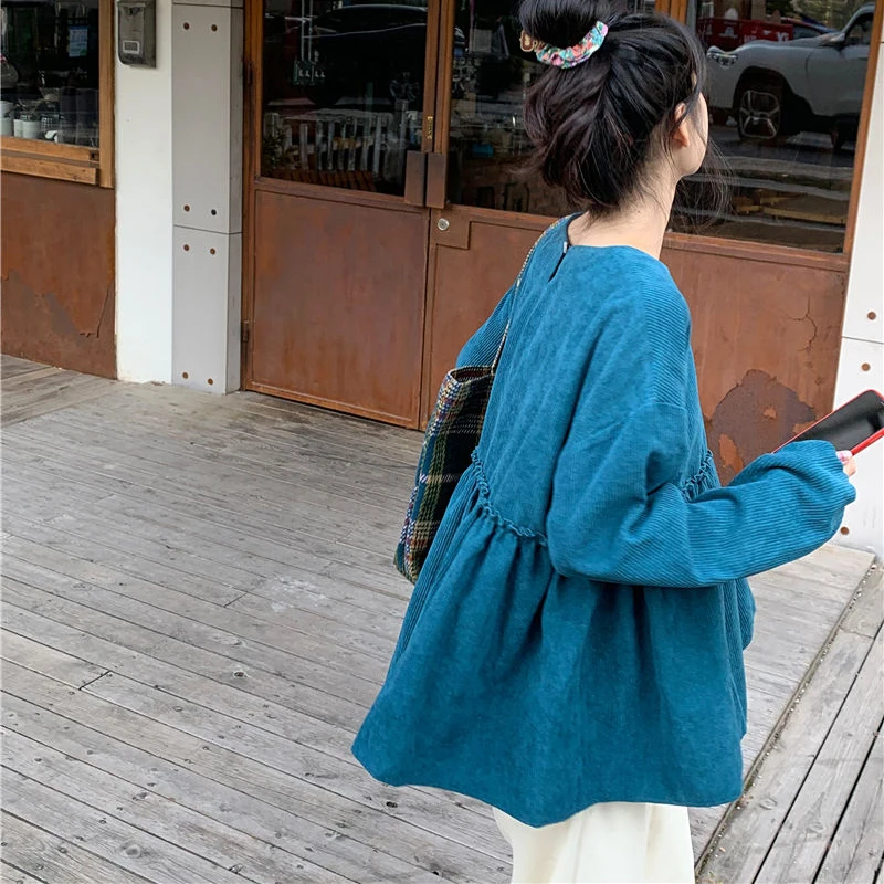 Женская Вельветовая футболка с длинным рукавом-фонариком