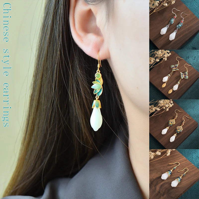 

Chinese Style Magnolia Denudata Earrings Tassel Dangle Imitate Hetian Jade Jewelry Vintage Elegant Ear Drop Girls Women Gift