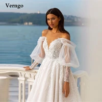 verngo elegant lace boho wedding dresses sheer neck puff long sleeves buttons back sweep train bridal gowns robe de mariage