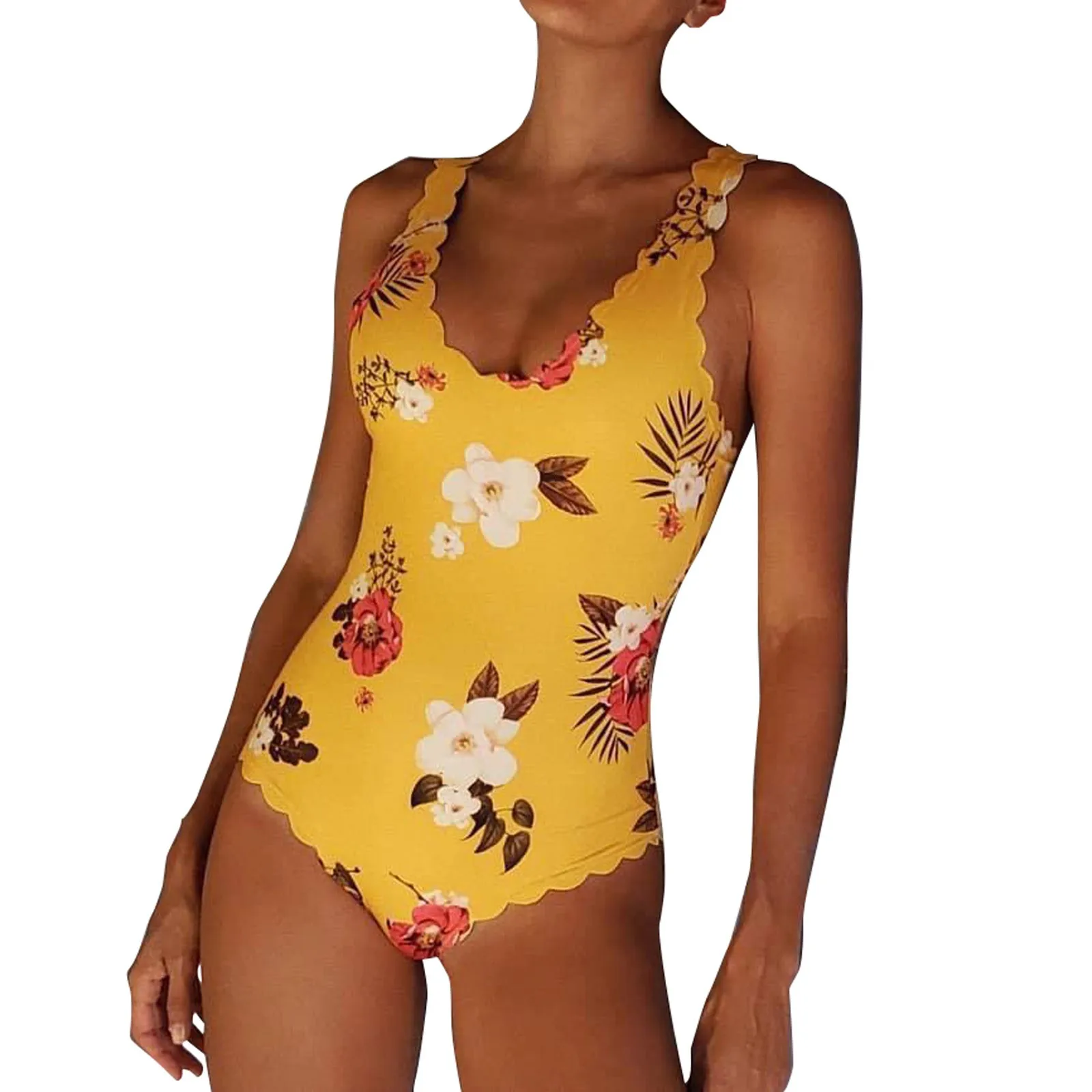 

Женский купальник с V-образным вырезом, цветочным принтом и оборками