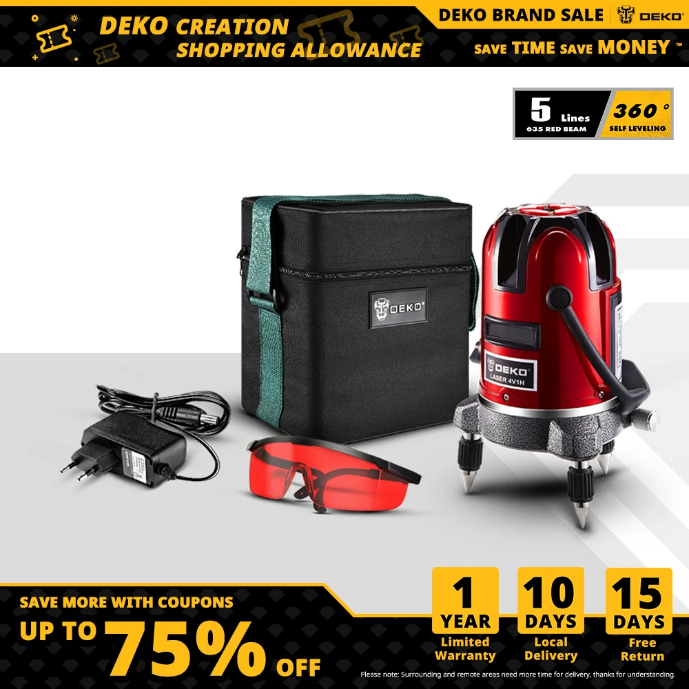 

DEKO LL57 5 Line 6 Points Red Oxford Box Laser Level Self-leveling Horizontal&Vertical 360 Degree Adjustment Higher Visibility