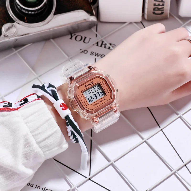 

Small Square Electronic Watch Led Luminous Waterproof Multi-Function Transparent Square Alarm Clock Student Sports Watch
