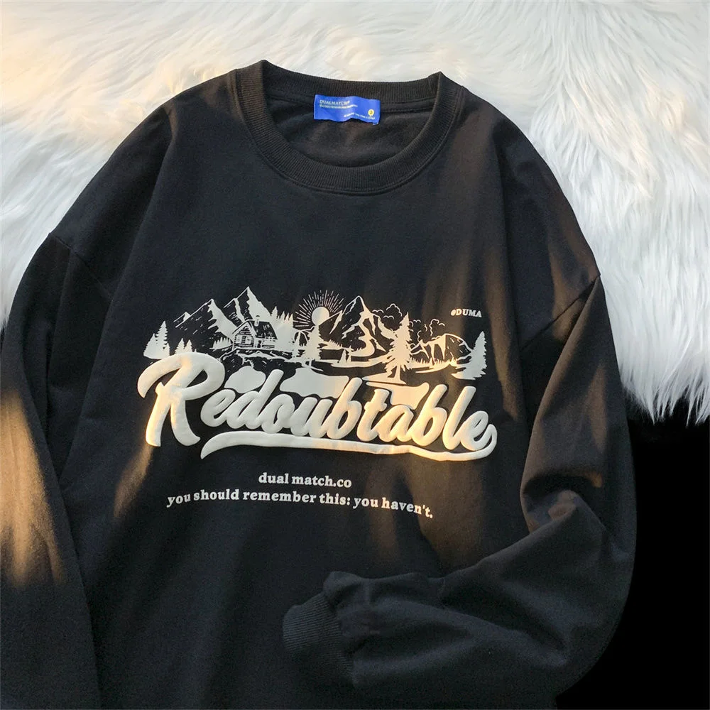 

Winter Plush Mens Oversized Sweatshirt American Streetwear Vintage Mountain Letters Y2K Print Hoodie Goth Clothes Loose Casual