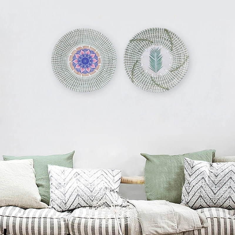

1/2pcs Handmade Hanging Wall Basket Round Woven Seagrass Hanging Decorative Trays Plate for Living Room Bedroom Kitchen