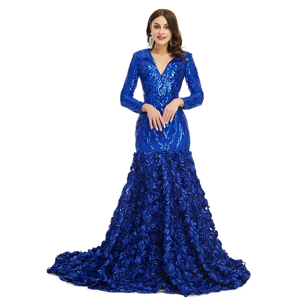 

Женское платье с длинным рукавом и юбкой-годе, синее платье с цветочным принтом и шлейфом, расшитое блестками, 9 цветов