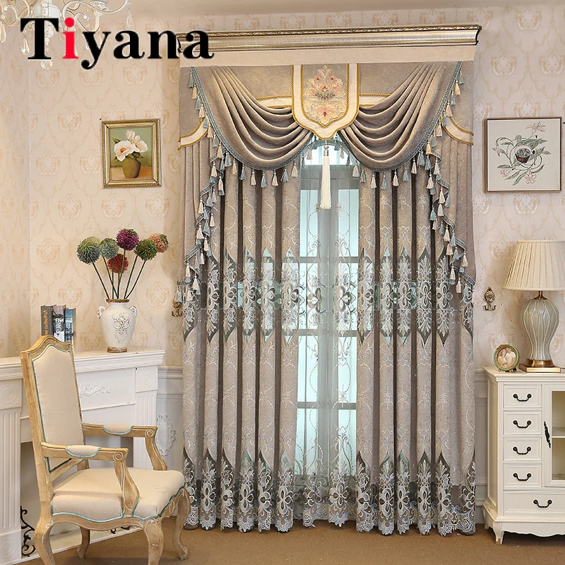 

European Grey Chenille Hollow Embroidered Bedroom Blackout Curtains For Living Room Balcony Window Drapes Jacquard Curtains