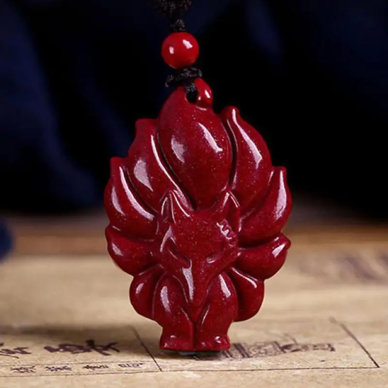 

Natural Red Organic Cinnabar Nine Tailed Fox Pendant Necklace Men Women Feng Shui Charm Healing Gem Jewelry Lucky Amulet Gifts
