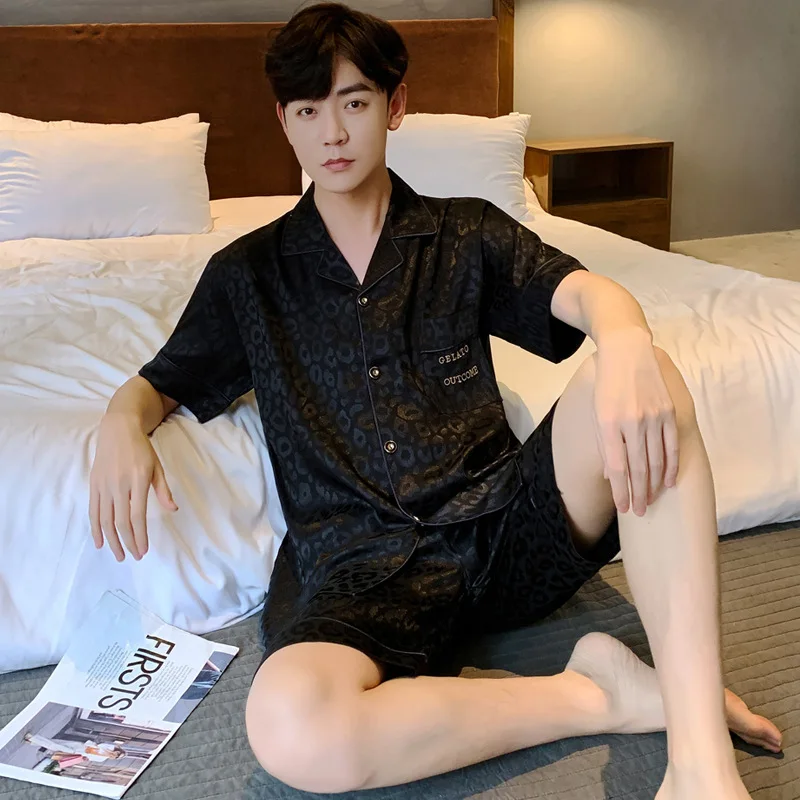 Pajamas for Men Summer V-neck Short-sleeved Pijama Simple Casual Home Wear Plus Size Sleepwear Two-piece Ice Silk Man Pajama