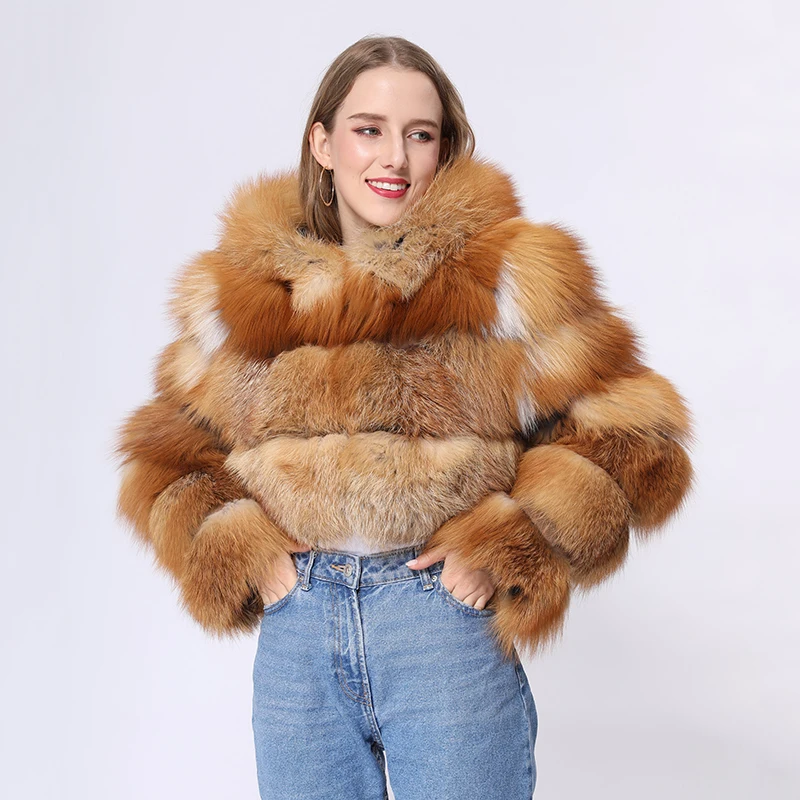 Winter Women Fashion Cropped Sexy Hooded Real Fox Fur Coat Luxury Warm Temperament Plush Outwear Ladies High-end Thick Overcoat