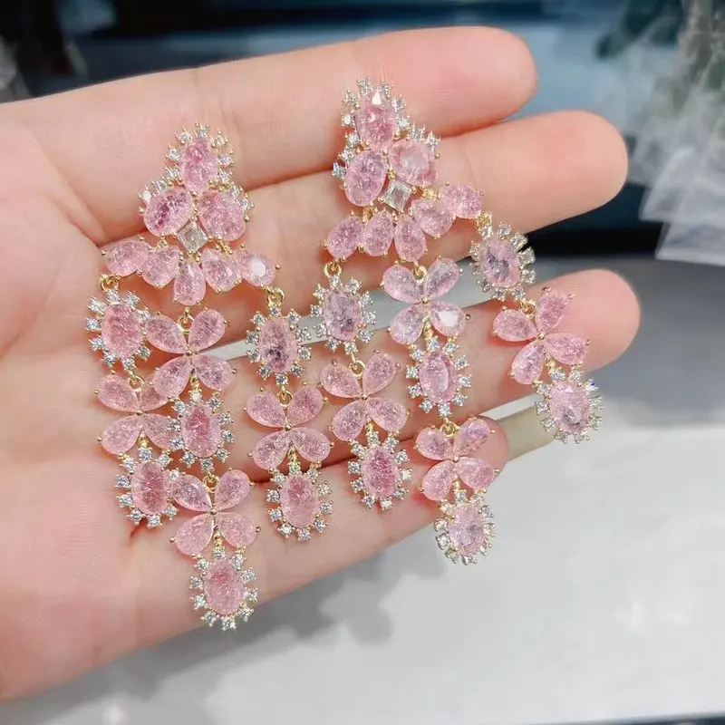 Билицветные модные ледяные розовые серьги Zinconia с кисточками для подарка женщине