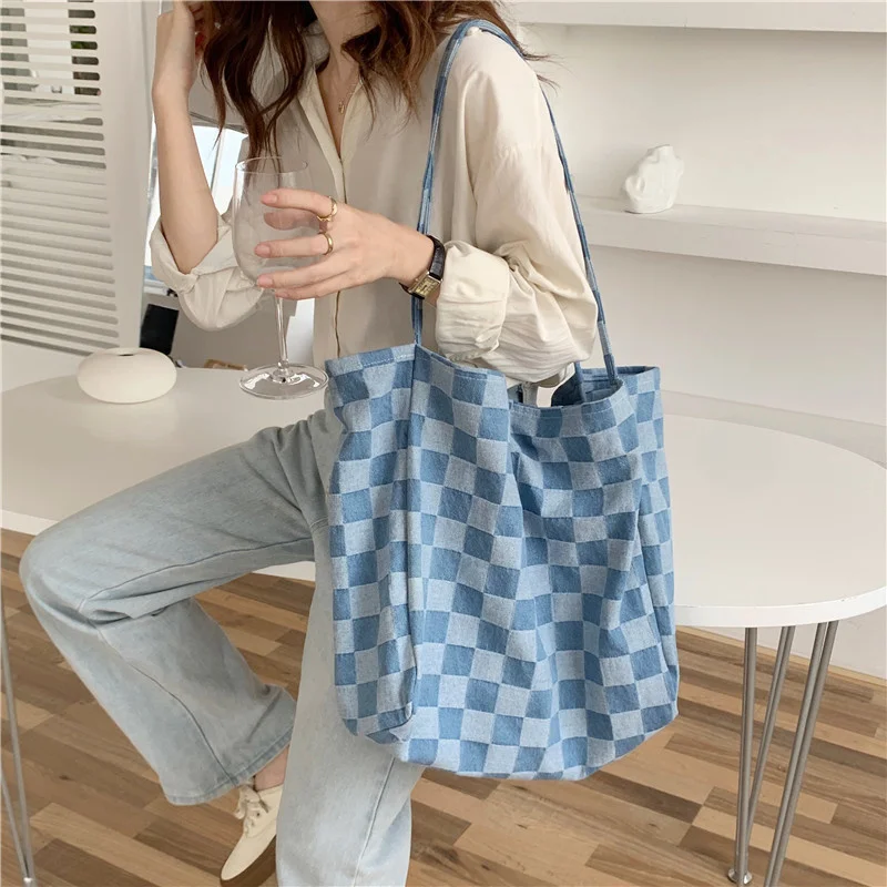 

Youda New Design Women Denim Shoulder Bags Female Cotton Canvas Fabric Handbag Checkered Shopping Bag BookBag Ladies Casual Tote