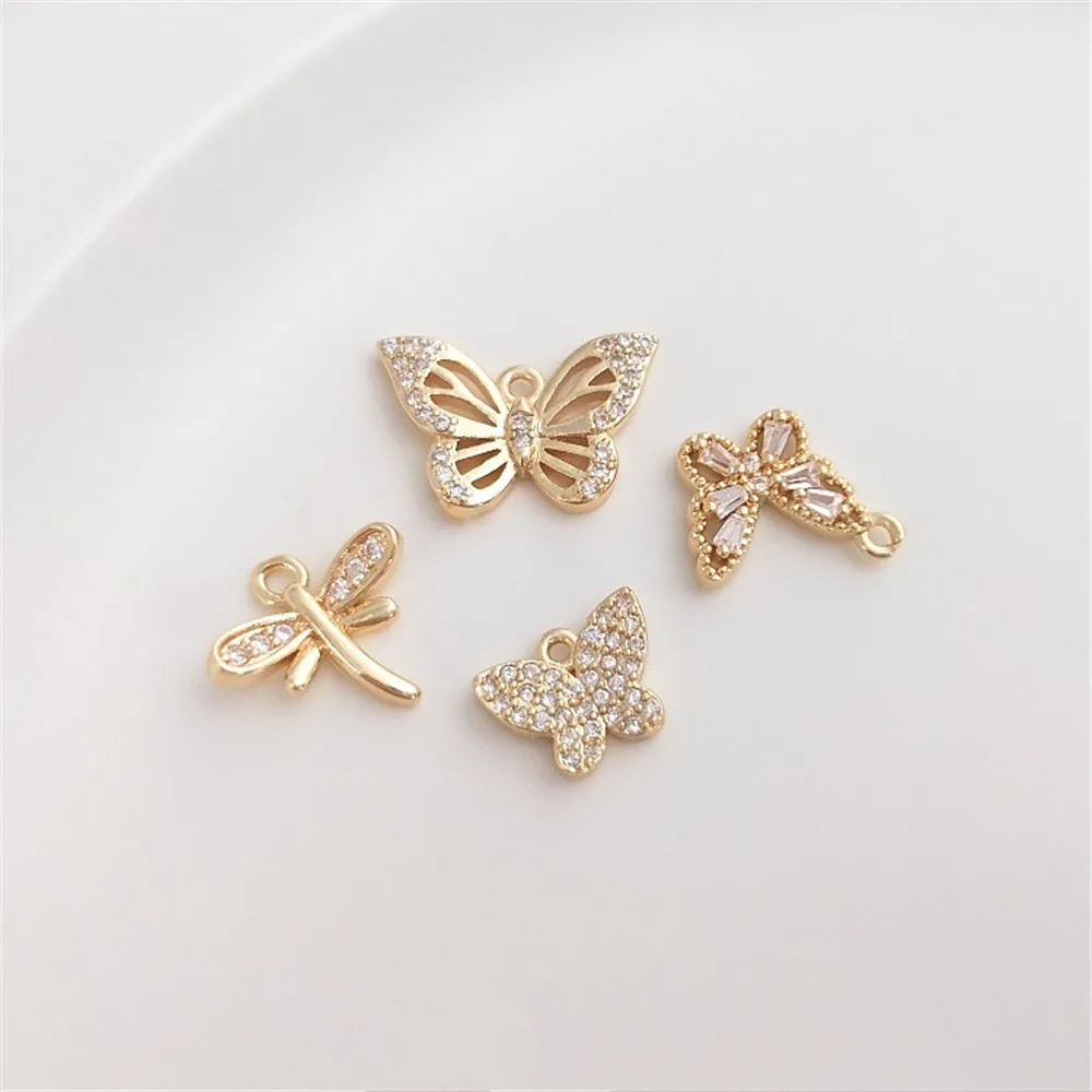 

14K Gold Tiny zircon butterfly dragonfly pendant handmade diy bracelet pendant earrings pendant