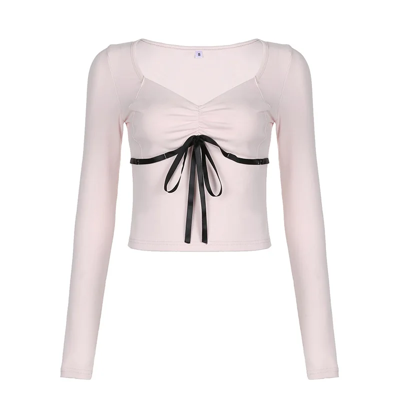 

Sexy V-neck Contrast Color Long Sleeve T-shirt Slimming Y2k 2024 Spring Lace-up Woman Clothing Crop Top Tees Aesthetic Tops