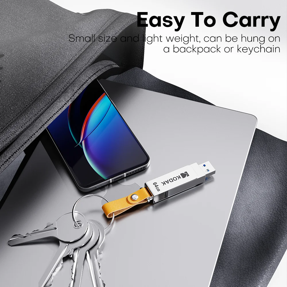 Фото Флеш-накопитель KODAK K133 USB 3.1, 64 ГБ, 128 ГБ, 256 ГБ, металлический поворотный USB-накопитель, высокоскоростная флешка с кожаным брелоком для ПК и ноутбуков. №1