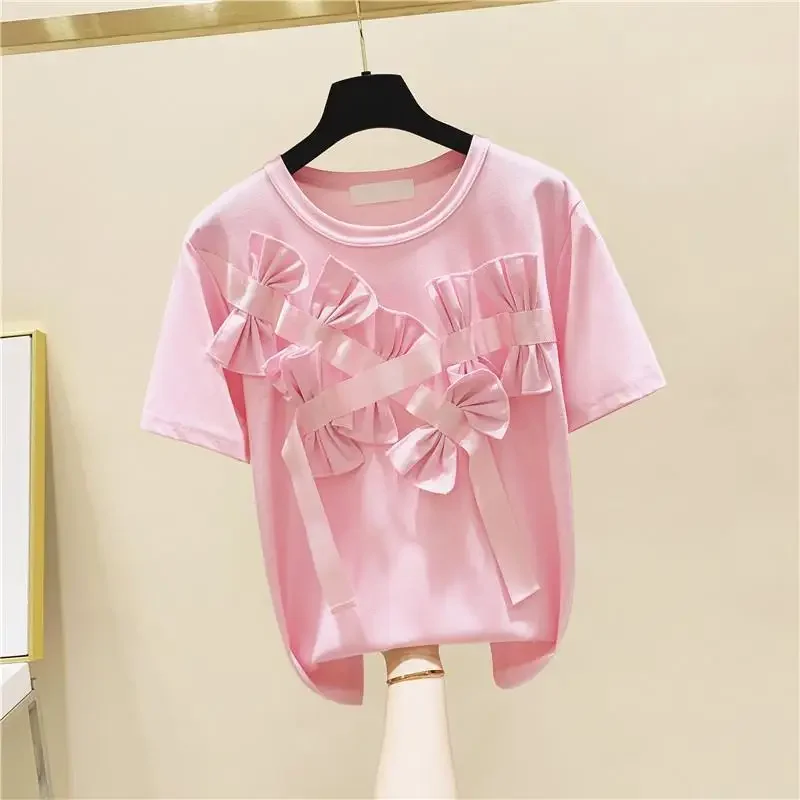 Neploe трехмерные декоративные футболки с бантом хлопковые короткими рукавами лето