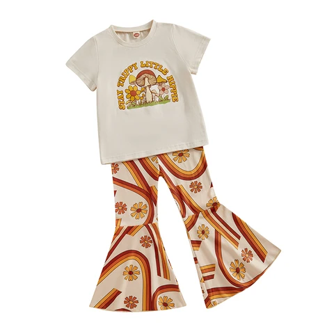 Летняя одежда для маленьких девочек, летний костюм в стиле Триппи с цветочным рисунком, радужные расклешенные брюки