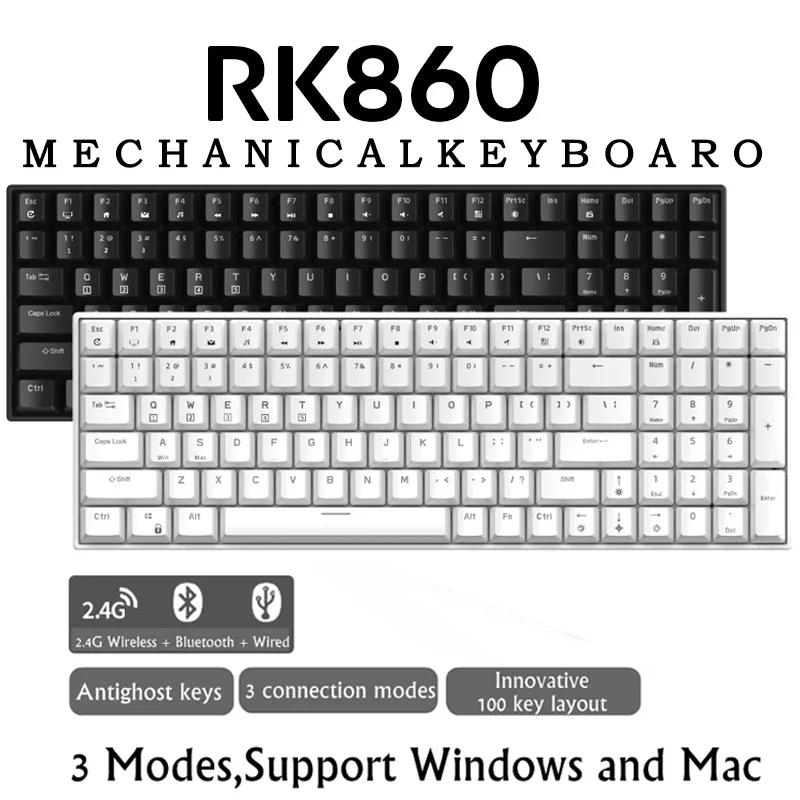 RK ROYAL KLUDGE RK100 2.4G Wireless/Bluetooth/Wired RGB Mechanical Keyboard 100 Keys Hot Swappable Gaming Keyboard for Win/Mac