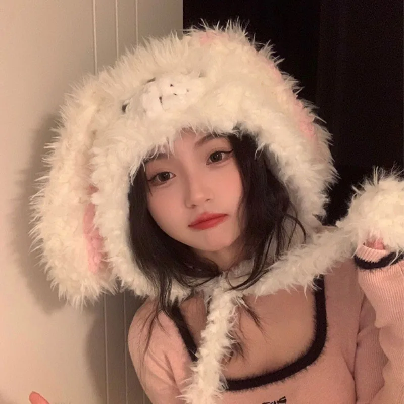 

White Plush Rabbit Ears Hat Women Japanese Thickened Double Layers Lamb Fleece Winter Cap Ear Protection Kawaii Girl Warm Hat