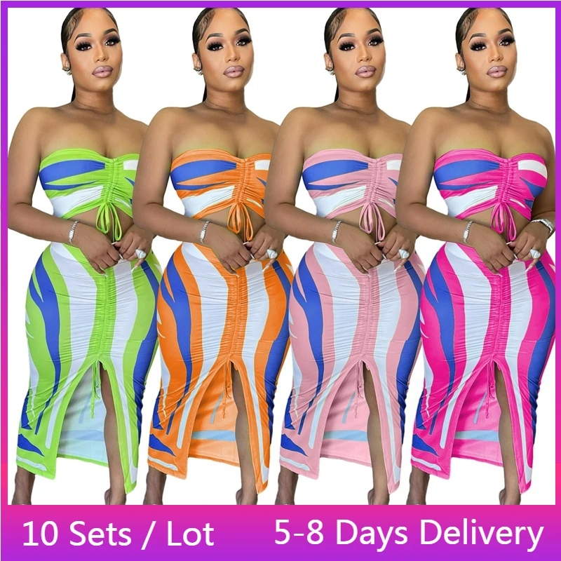 

Оптовая продажа, комплекты из двух предметов для делового лета, женская одежда, сексуальный укороченный топ на шнуровке + юбка миди, комплекты для клуба