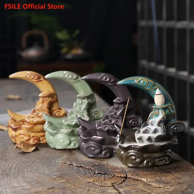 

FSILE Home indoor sandalwood incense burner tea ceremony creative ornaments Zen ceramic large backflow incense burner
