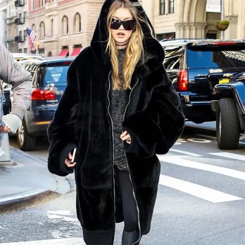 Women Warm Faux Fur Coat Female Thick Long Coat Hooded Collar Warm Autumn Coat Ladies Warm Faux Fur Jackets Coat Outerwear G225