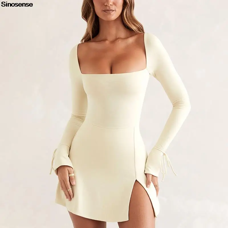 

Sexy Side Slit Bodycon Mini Club Dres Women Square Neck Long Sleeve Elegant French Cocktail Party Dress Stretchy Slim Club Dress