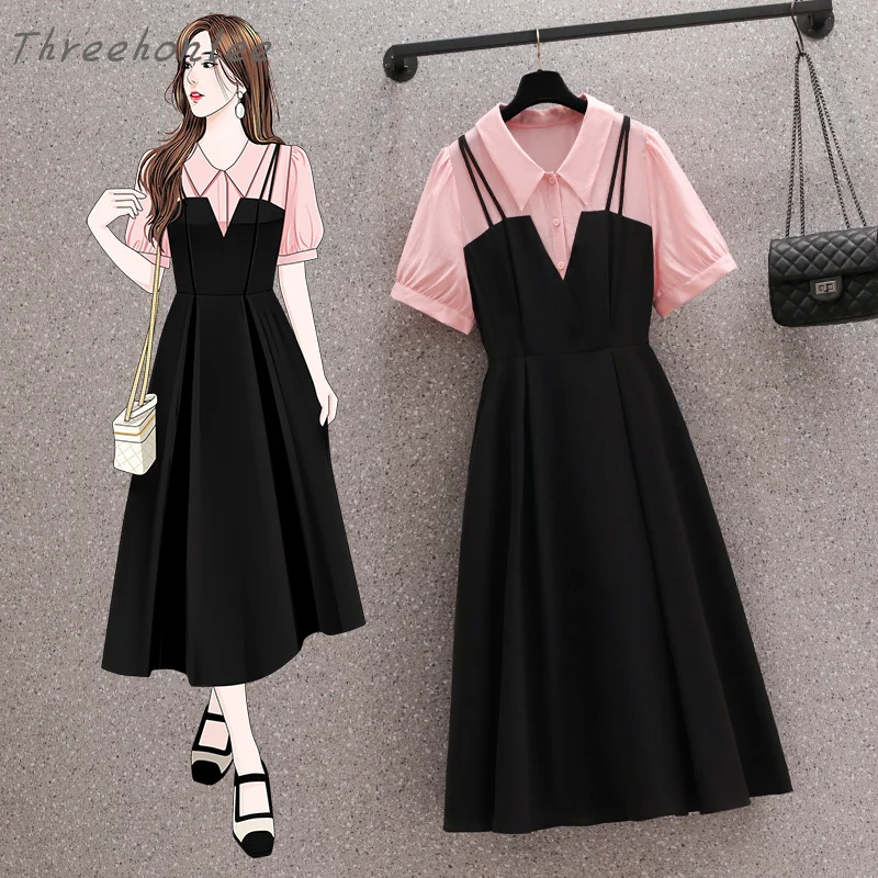 

Plus Size Summer Pink Black Elegant Patchwork Chiffon Skirt Polo Collar Fake Two Halter Slimming Dress Youthful Women's Clothing