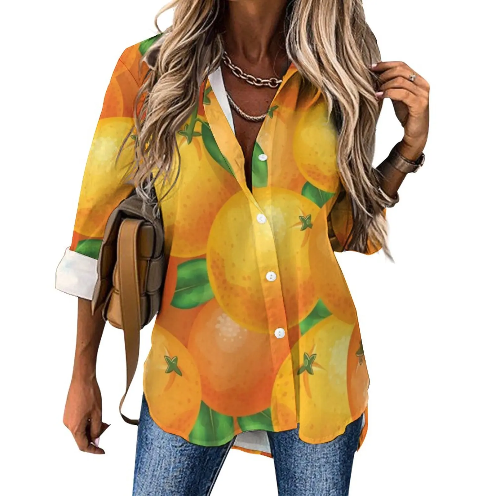 

Повседневная Блузка с изображением свежих апельсинов, милые блузки с рисунком зеленых листьев, женская Свободная рубашка с длинным рукавом, Осенний Топ оверсайз